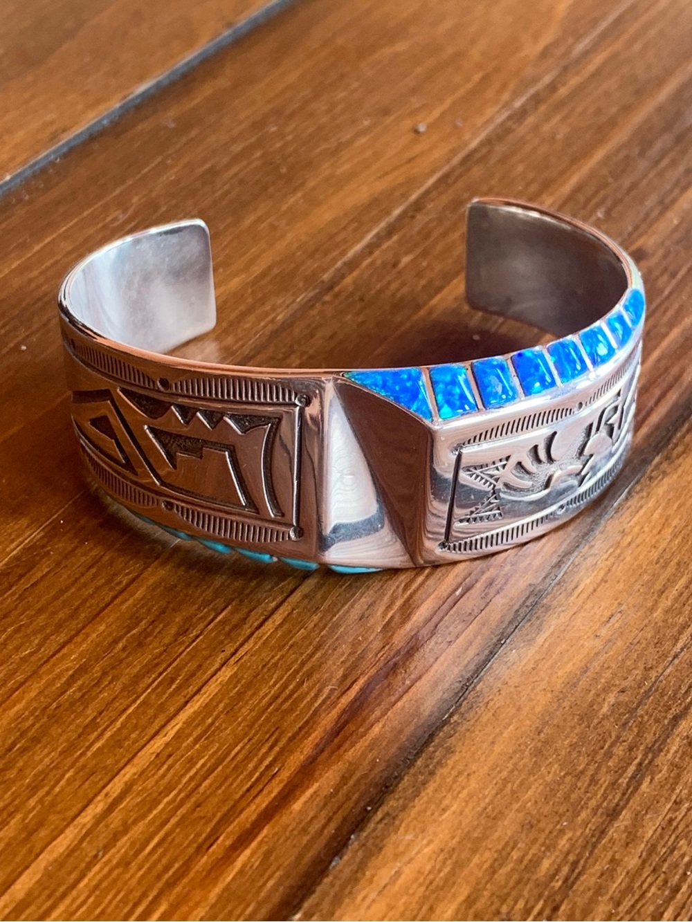Native American Sterling Silver Turquoise Opal kokopelli signed Cuff Bracelet